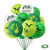 🎈Dinosaurier Geburtstag Deko Lieferungen : 4 Arten von 30cm Latexballons. Paket beinhaltet 4 Stück brachiosaurus dunkelgrüne luftballons, 4 Stück flugsaurier fruchtgrün luftballons, 4 Stück raubvögel hellgrüne luftballons, 4 Stück ROAR weiße luftballons und 1 Stück band. Insgesamt 17 Stück.