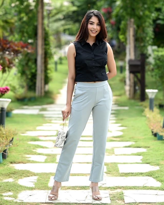 Image of Mlada Straight Fit Cigarette Pencil Pants Elastic Waist Band Mid High Waist Formal Office Trousers for Women, Pockets for Travel Stretch Cotton Knit Full Length Regular /Plus Size