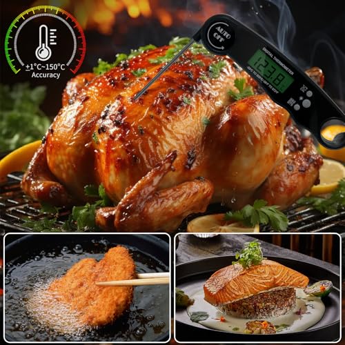 Digital Meat Thermometer for Cooking, Grilling & Candy – Collapsible Probe | Waterproof Thermometer, Backlit Display, Magnetic, Calibration Function (Black)