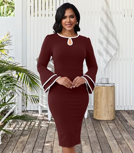 Image of ZonJie Church Dresses for Women Bell Sleeves Business Wear to Work Cocktail Party Pencil Casual Dress
