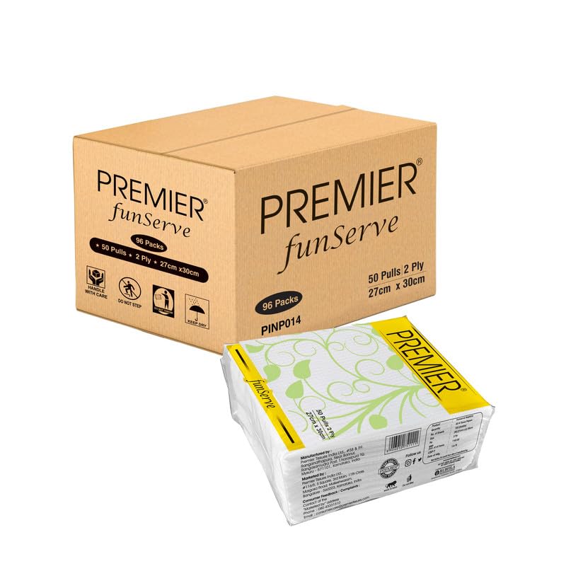 Image of Premier FunServe Tissue Paper Napkin (4800 Sheets) | 50 Pulls (Pack of 96) Wholesale Bulk Carton | Soft Absorbent 2ply Tissue Napkins | Disposable Table Napkins for Everyday use, party, home, offices