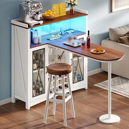 DWVO Farmhouse Wine Bar Cabinet with LED Lights, 47" Coffee Bar Station w/Bar Table, Wine Racks and Glass Holders, Clear Barn Door, Wood Kitchen Buffet Cabinet w/Storage for Living Dining Room, White