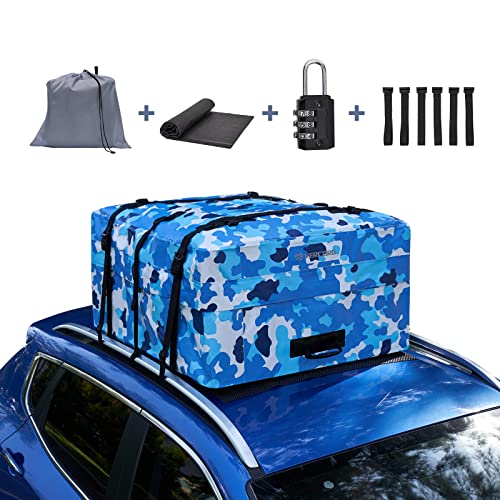 Vercord Sac supérieur de voiture pour toit de voiture - Imperméable - 500D - PVC - Anti-déchirure - Avec tapis de protection - Verrouillage de bagage - 6 crochets de porte - Camouflage - Bleu Cover