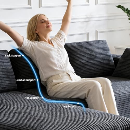Image of 106 inch Corduroy Sectional Couch, Boneless L Shaped Couch with Deep Seat, Cloud Foam Sofa with Oversized Chaise, Sectional Sofa No Assembly Needed for Living Room