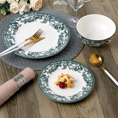 Image of Joseph Sedgh Collection Montana Chip-Resistant Porcelain Dinnerware Set, 12-Piece, Elegant Green Floral Border