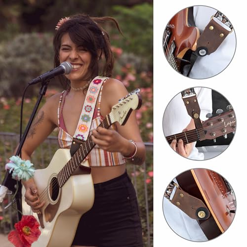 Image of Nefelibata Guitar Strap,Crazy Horse Leather Jacquard Embroidery Cotton Guitar Straps for Bass, Electric & Acoustic, Best Gifts for Guitarists(Retro White Multi Flower)