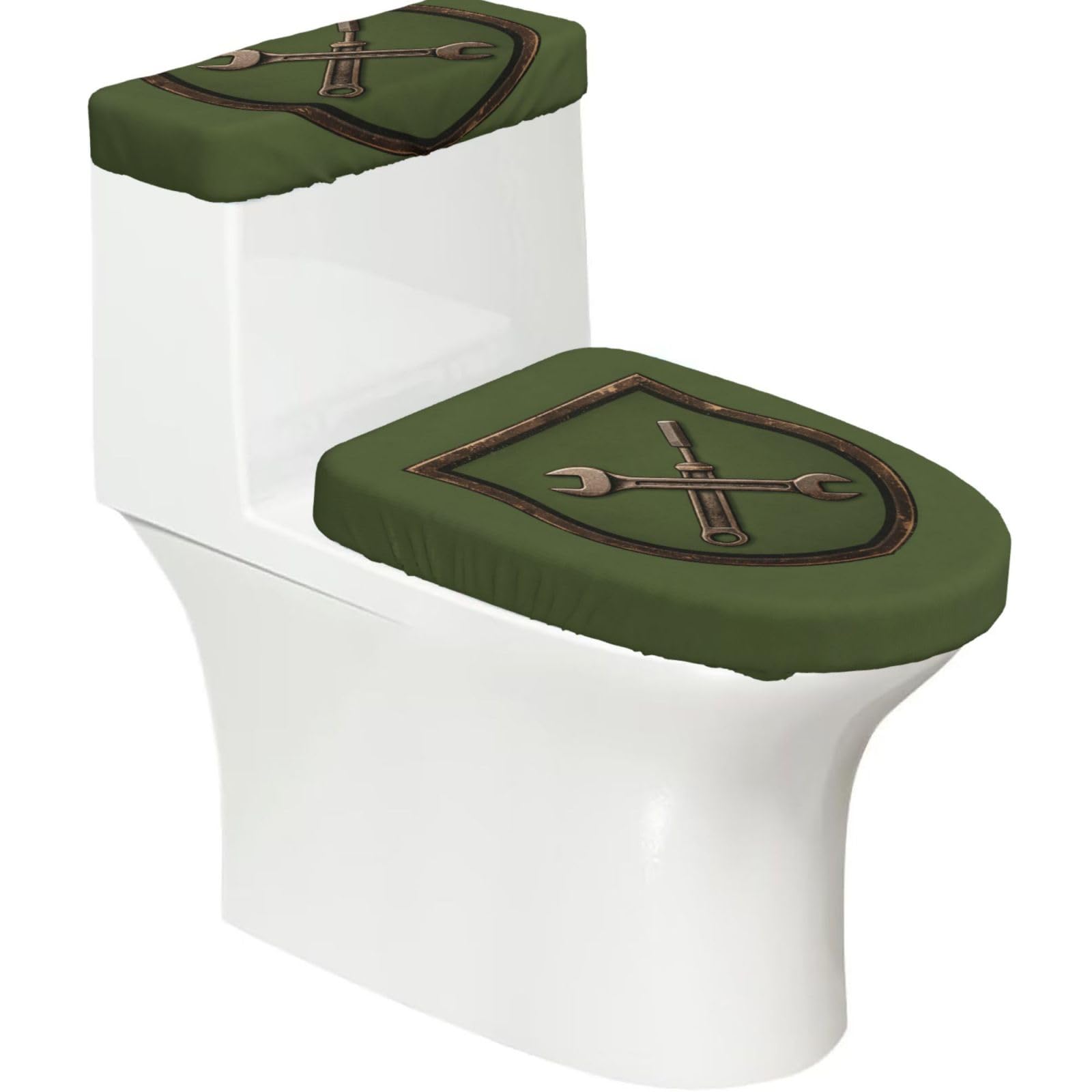 Tool Badge Shape Elastic Toilet Cover Set of 2-Stretchy Lid and Tank Covers for Bathroom, Soft Washable U Shape Toilet Decor