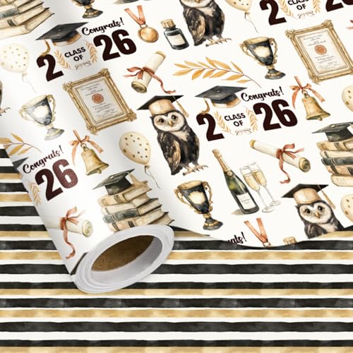 LeZakaa Graduation Wrapping Paper Roll Reversible Class of 2026 Gift Wrap Elegant Graduation Design with Vintage Stripe Pattern High School and College Graduation Gifts Mini Roll 17in x 16.4 ft