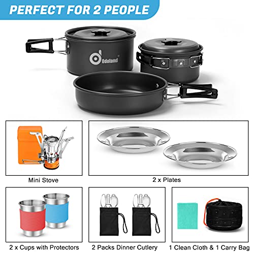 Odoland 16pcs Camping Cookware Mess Kit with Folding Camping Stove, Non-Stick Lightweight Pots Pan Set with Stainless Steel Cups Plates Forks Spoons for Camping, Backpacking, Outdoor Cooking - Image 3