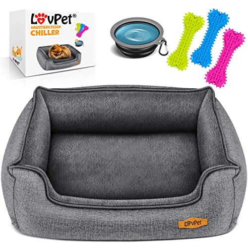 Lovpet® Hundebett Hundekissen Hundekorb Chiller, Inkl. Napf + 3X Kauknochen, Hundesofa Kissen für Kleine, Mittelgroße & Große Hunde, Bezug abnehmbar und waschbar, L 90 x 75 x 25 cm Grau