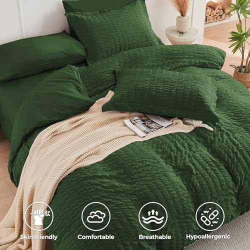 Image of HYMOKEGE Dark Green King Size Comforter Set Seersucker 7 Pieces, All Season Luxury Bed in a Bag for Bedroom, Bedding Set with Comforters, Sheets, Pillowcases & Shams