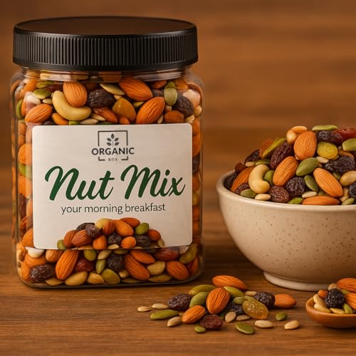 Image of Organic Box Healthy Nutmix 250gm, Dried Almonds, Black Raisins, Cashewnuts, Black Dates & Many More. (Jar Pack)