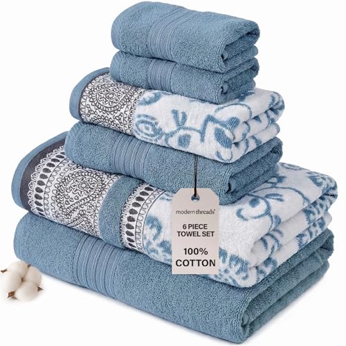 Modern Threads Ophelia 6-Piece 100% Cotton Towel Set – Reversible Yarn Dyed Jacquard & Solid –...