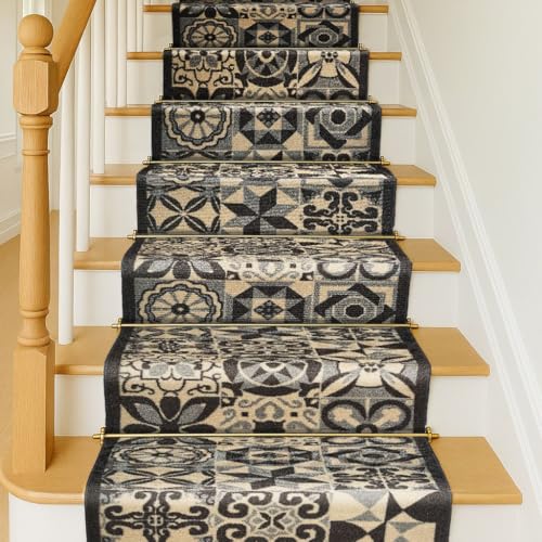 Bravich RugMasters Tiles Grey Rubber Backed Non Slip Machine Washable Very Long Hallway Hall Runner Narrow Rugs Custom Length Stair Mats 2'2x10'FT (66x305cm)