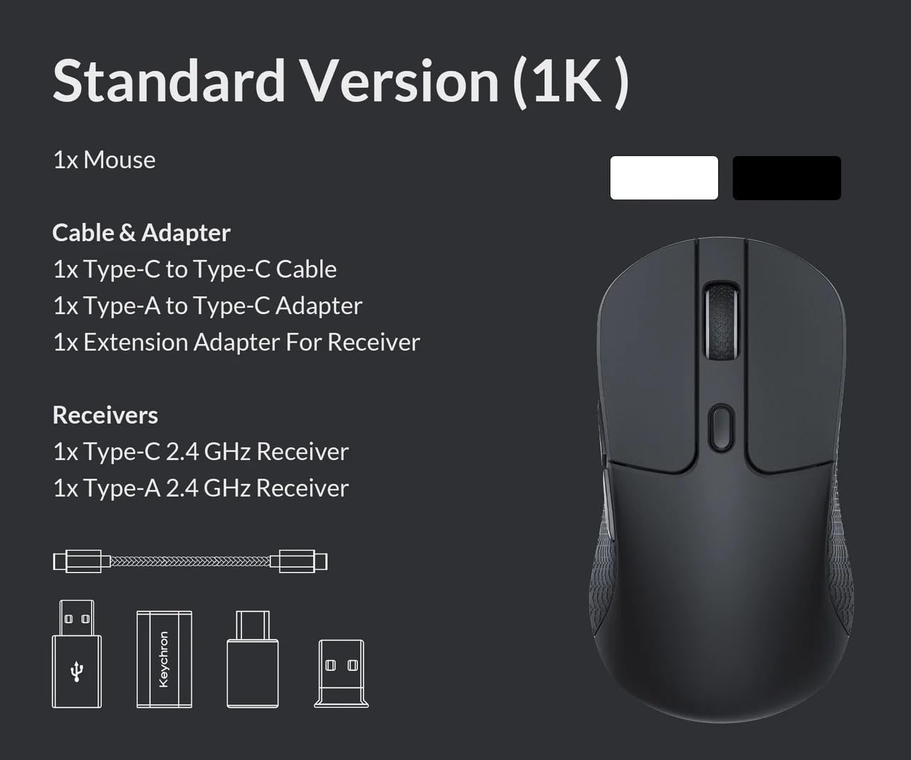Keychron M3-A71 Mouse Wireless 1K con Sensore PixArt 3311 – Connessione 2.4GHz/Bluetooth/USB, Ergonomico, DPI 12000, Batteria 95h, Compatibile Windows/Mac/Linux - Nero