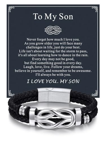 Bandmax Infinity Love Knot Bracelet for Men Black Leather Love Link Cuff Bracelet Mens Gifts for Father's Day Birthday Anniversary Christmas