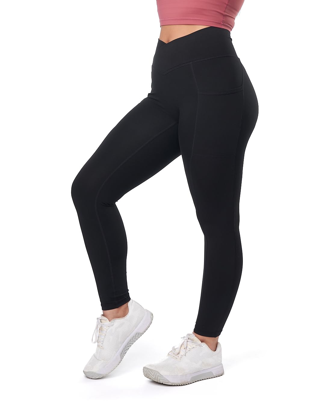 Pantalones de yoga de cintura alta con bolsillos laterales, leggings de entrenamiento para correr, trasero fruncido, corte frontal en V, levantamiento de glúteos, longitud completa para mujer