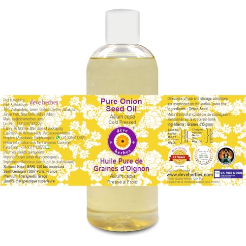 Image of Deve Herbes Pure Onion Seed Oil (Allium cepa) | Cold Pressed | Natural | Undiluted | For Diluting Essential Oils | For Hair, Skin & Massage | Men & Women | 200ml