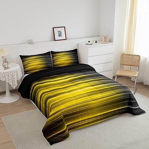Image of Feelyou Yellow and Grey Comforter Set Full, Geometric Abstract Ombre Bedding Set for Kids Gradient Yellow Lines Comforter Abstract Ombre Duvet Set with 2 Pillow Case