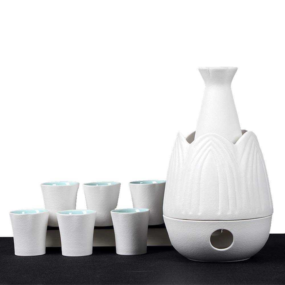Juego de Sake japonés, Juego de 9 Piezas para Servir Sake Tradicional con Olla Caliente, Blanco clásico, para Sake frío/Tibio/Caliente/Shochu/té, Familiares y