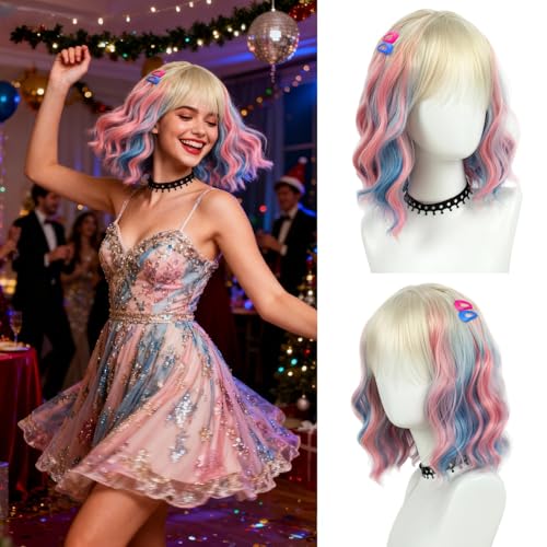 R REEWES FASHION HAIR Short Curly Colorful Blonde Blue Pink