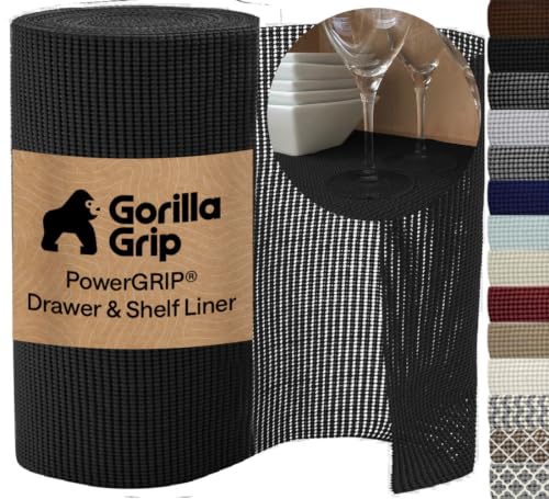 GORILLA GRIP powerGRIP Drawer Shelf and Cabinet Liner, Thick Strong Hold, Non-Adhesive Liners Protect Kitchen Cabinets and Cupboard, Bathroom Drawers, Easy Install, Breathable Mat, 12' x20', Black