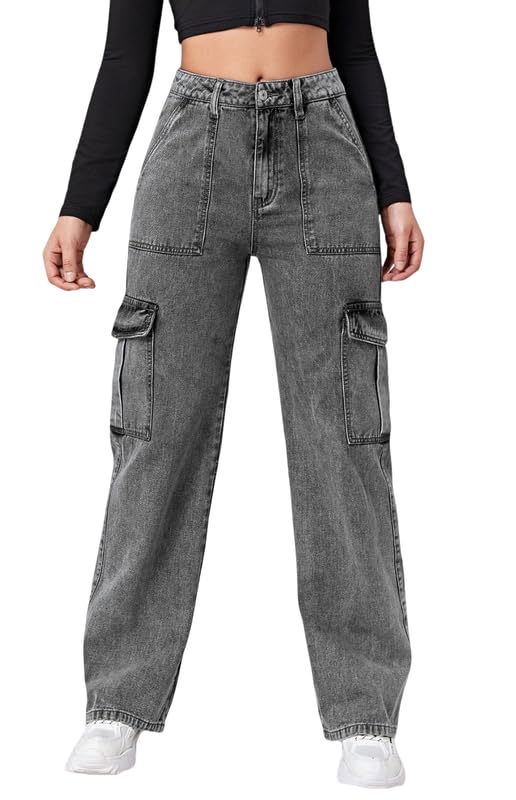 Image of Amazon Brand - INKAST Women Multi-Pocket Denim Cargo Pants Casual Fit Stylish Trousers