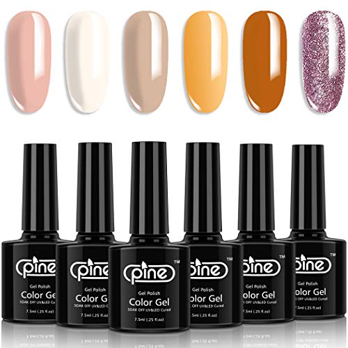 Pine 6 Pcs Gel Nail Polish Sets, 7.5ml Soak off UV Shellac Gel Home Manicure Kit, Colors of Brown Yellow Pink Nude Glitter