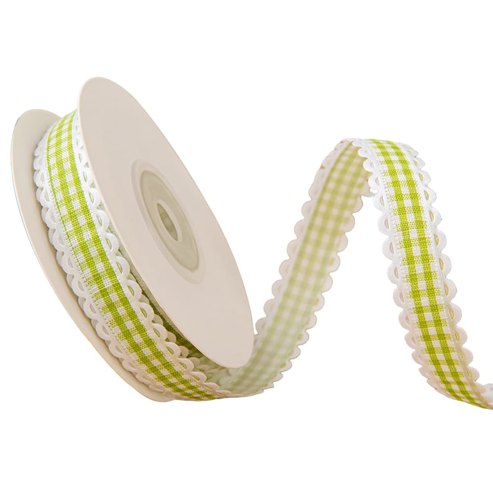 1.5cmx10 Yard Wavy Edge Plaid Ribbon Polyester Checkered Ribbon for Bouquet Gift Wrapping, Green
