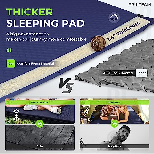 Image of FRUITEAM Camping Sleeping Pad, Self Inflating Sleeping Pad for 2 Person, Double Camping Pad with Pillow, Camping Mattress for Backpacking, Hiking, Navy