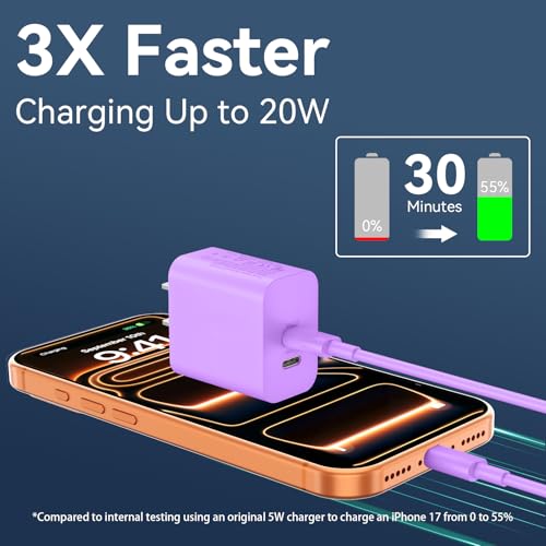 Image of iPhone 17 16 15 Pro Max Charger Fast Charging, 20W USB C Charger Block with 6FT USB C to C Charging Cable Cord for iPhone 17 16 15 Pro Max /17 16 15 Pro /17 16 15 /16 15 Plus-Purple