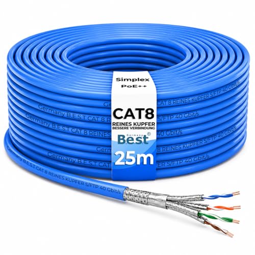 Germany B.e.s.t 25M CAT 8 Netzwerkkabel Verlegekabel Kupfer LAN Kabel Ethernetkabel S/FTP 40 Gbit/s Kat 8 reines Kupfer Datenkabel PoE++ LSZH Datenkabel Simplex