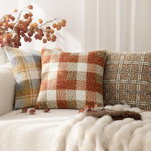 Image of Foindtower Pack of 2 Soft Faux Fur Boucle Throw Decorative Pillow Covers Fuzzy Accent Check Cushion Sherpa Boho Farmhouse Pillowcase for Couch Sofa Bed Living Room Home Decor 20x20 Inch,Burnt Orange