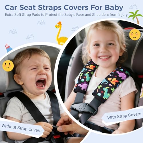 Image of COOLBEBE Car Seat Straps Shoulder Pads for Baby Kids, Super Soft Seat Belt Covers for All Car Seats /Pushchair /Stroller /High Chair, Dinosaur Style, Polyester Material