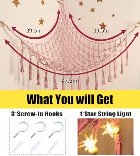 Image of Stuffed Animal Storage Hammock Corner with LED Light - Toy Hanging Organizer Plushie Net - Pink Room Decor for Teen Girls - Cute Bedroom Aesthetic Nursery Kids Baby Toddler