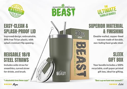 Image of Beast 30 oz Tumbler Stainless Steel Insulated Coffee Cup with Lid, 2 Straws, Brush & Gift Box by Greens Steel (30 oz, Army Green)