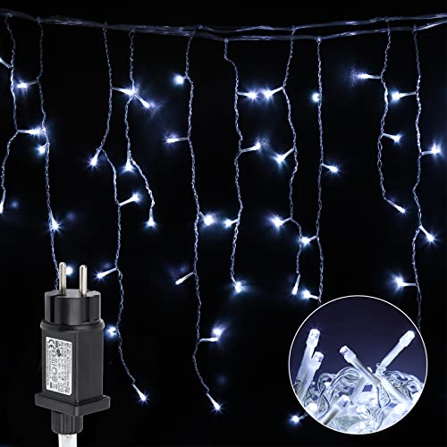 Sonnewelt Led Cortina Luces Exterior Luces Cascada Blanco Frío 5 m 200 LED con 8 Modos Memoria IP44 Impermeable Luces de Cortina Decoración de Fiestas Escalera Balcon