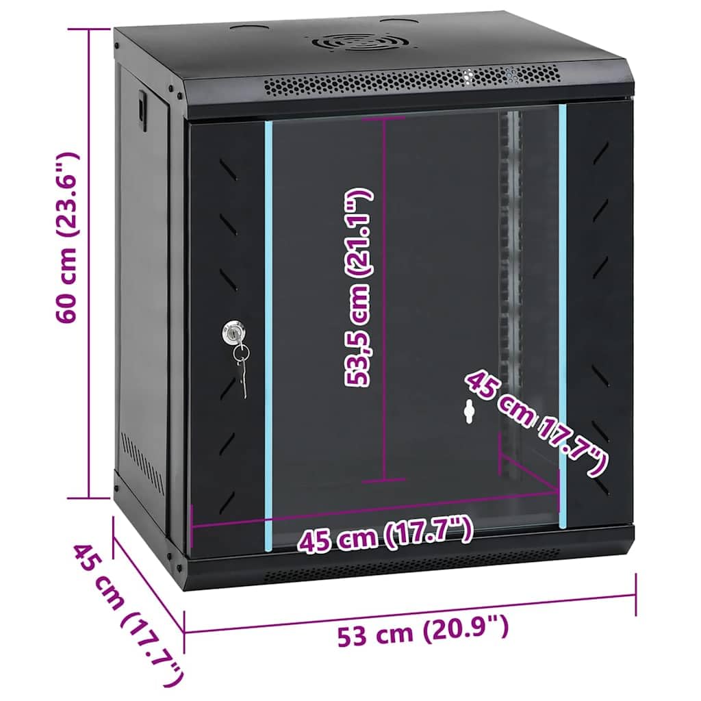 Armadio di rete da parete, 53 x 45 x 60 cm, armadio server in acciaio con porta in vetro di sicurezza, armadietto dati per ufficio e infrastrutture IT, distributore a parete chiudibile a chiave, nero