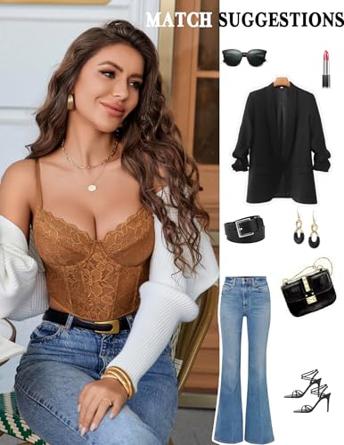 Image of Avidlove Bralettes for Women Lace Spaghetti Strap Bustier Tops with Underwired Slim Basic Camisole Lingerie Khaki