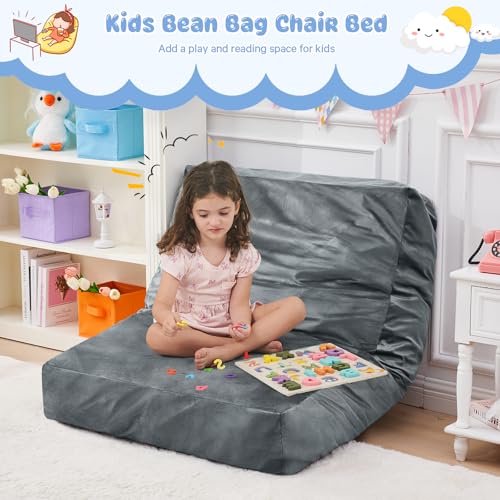 Kids Bean Bag Chair Bed - Convertible Lazy Chair to Floor Mattress with Filler - Small Beanbag Chair for Boys and Girls - Floor Couch Sofa in Bedroom, Classroom, Reading Nook - Charcoal