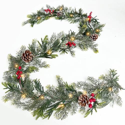 6FT Flocked Cedar Garland with Lights Timer, Pre-lit Christmas Garland