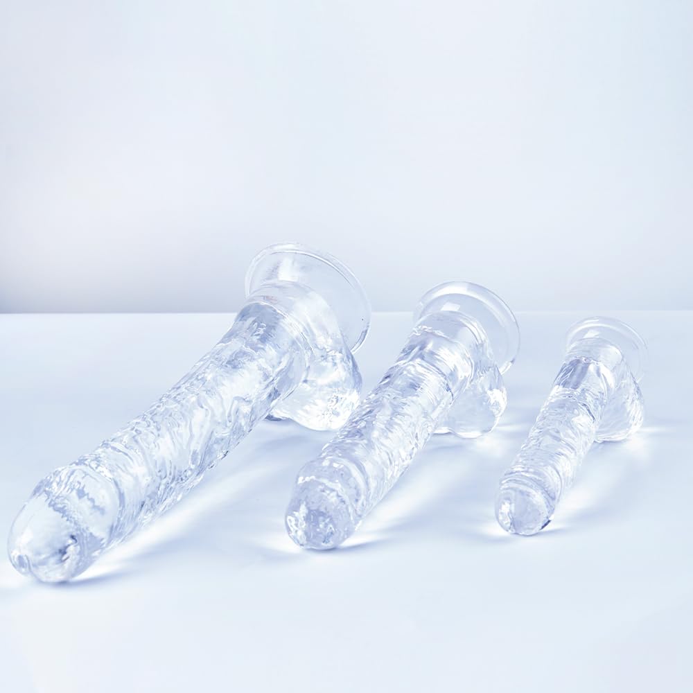 Juego de consoladores realistas transparentes:consolador con ventosa de 3 tamaños para placer anal y vaginal,pene realista con bolas,adecuado para principiantes y usuarios avanzados (16cm,21cm,28cm)