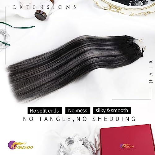 Moresoo Micro Ring Hair Extensions Real Human Hair Ombre Black to Silver Micro Loop Human Hair Extensions Micro Beads Hair Extensions Silky Soft 1g/Strand 50g/Pack #1B/Silver/1B 22 Inch - Image 4