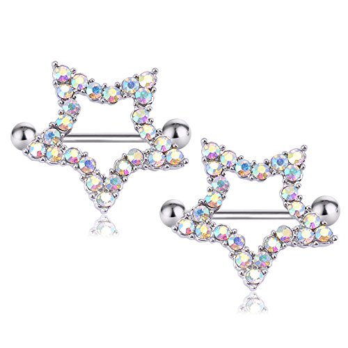 CrazyPiercing Nipple Barbell Ring, Rhinestone Paved Star Shape Nipplerings Piercing, Stainless Steel 14G Nipple Rings Shields Body Piercing Sold As a Pair