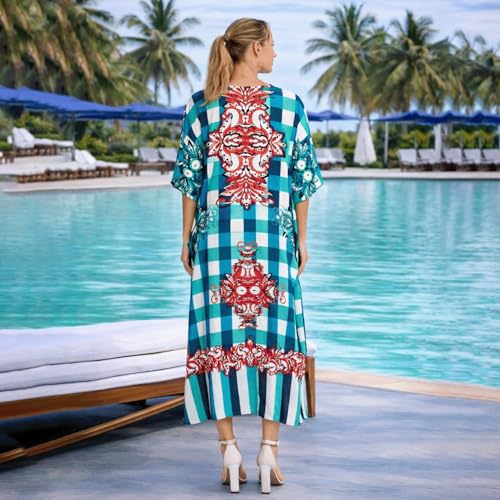 Image of Miss Lavish London Teal Check Print Kaftan Dress for Women V Neck Batwing Sleeve Maxi Beach Cover Up, Plus Size Caftan with Side Slits & Pockets, Resort Wear Swimsuit Coverup-Teal-3XL
