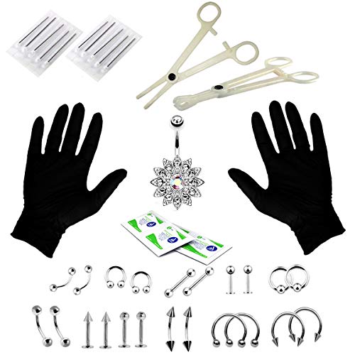 39Pcs Professional Nose Piercing Kit, Body Piercing Kit with 14G 16G Stainless Steel Ear Nose Body Piercing Needle Kit for Belly Button, Tongue, Eyebrow, Nose Ear Piercing Tools