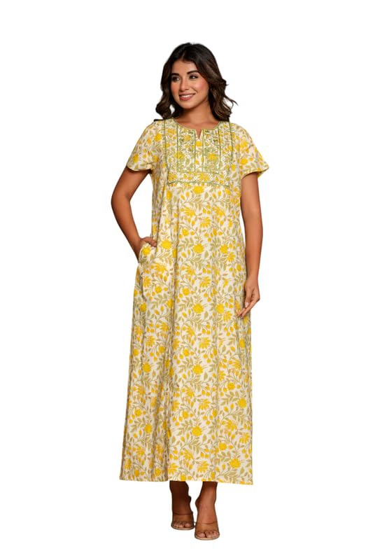 Image of NIHSAMAH Cotton Nighty for Women - Embroidered & Printed Stylish Night Gown, Comfortable Sleepwear Long Nightwear, Maxi