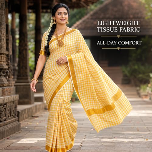 Image of Women's Kerala Tissue Plain Saree with Running Blouse| Onam & Vishu Kani Special | Traditional Kasavu White Colour