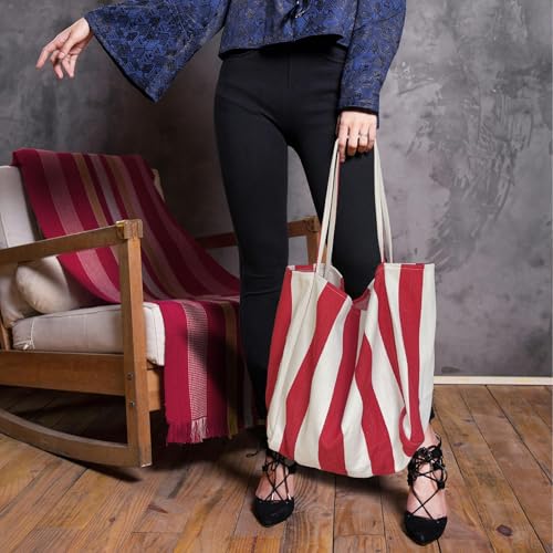 Image of Striped Canvas Tote Handbag for Women Vertical Stripe Large Capacity Shoulder Bag for Shopping Travel