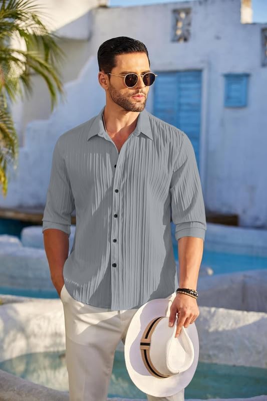 Image of FINIVO FASHION Combo of Men's Casual Cotton Plain Button Down Shirt Long Sleeve Textured Summer Beach Shirt for Men Pack of 3
